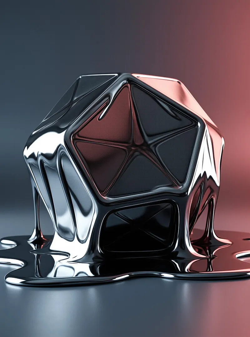 Shiny geometric object melts into a puddle on a floor reflecting pink and blue ambient light.
