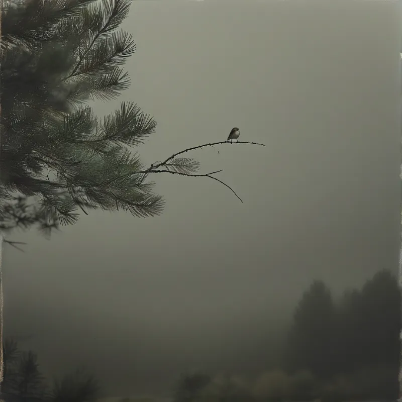 A dark bird sits on a slender bare branch extending from a pine tree against a thick grey foggy background.