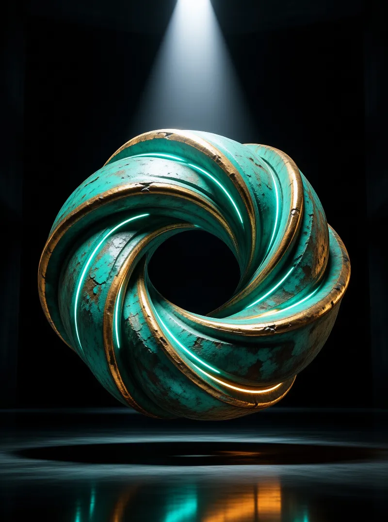 A twisted teal and gold ring floats in a black void illuminated by a spotlight from above casting a reflection below.