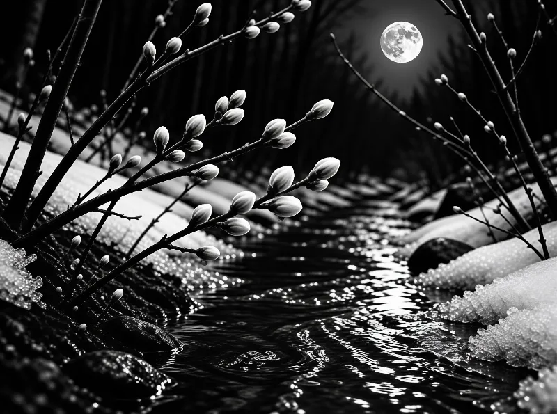 Dark bare branches with small buds extend over a partially frozen stream reflecting the bright moon in the night sky.