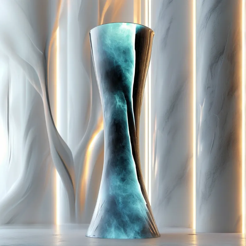 A twisted teal vase with golden sides stands in a white marble gallery lit by warm vertical light strips.