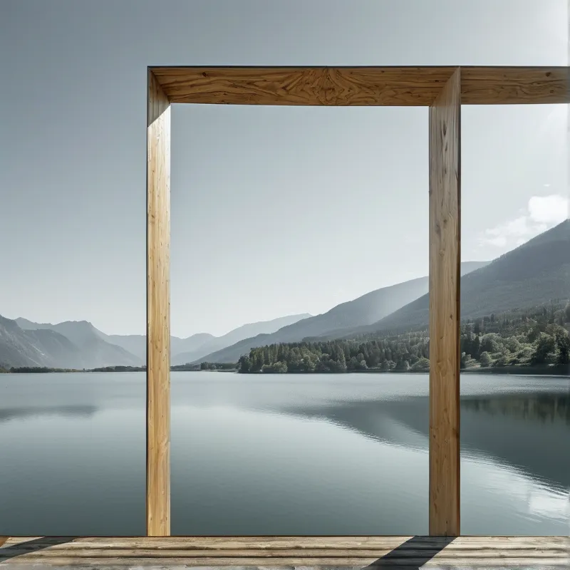 A rustic wooden window frame opens onto a calm lake surrounded by mountains under a bright hazy sky.