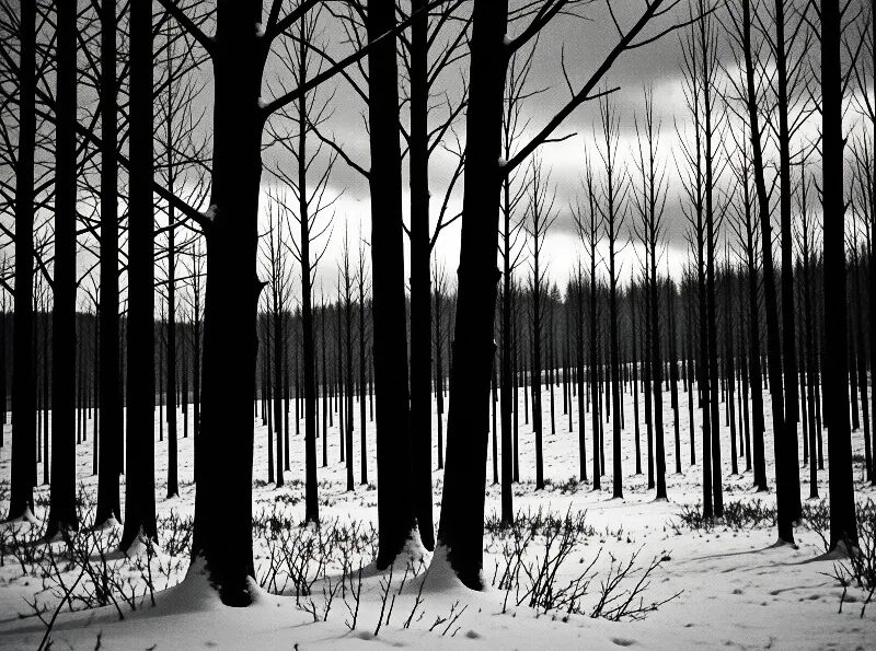 A monochromatic view of a dense forest where dark tree trunks rise sharply against a bright snowy ground and cloudy sky.