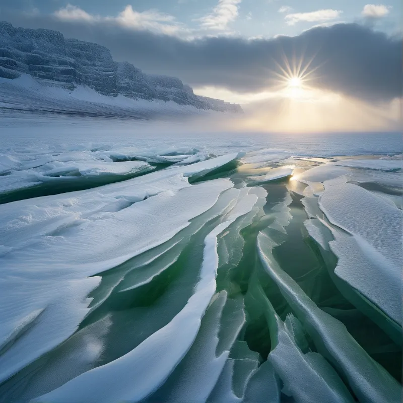 Turquoise meltwater braids across sculpted sea ice toward a low sun, with layered snow cliffs along the coastline.
