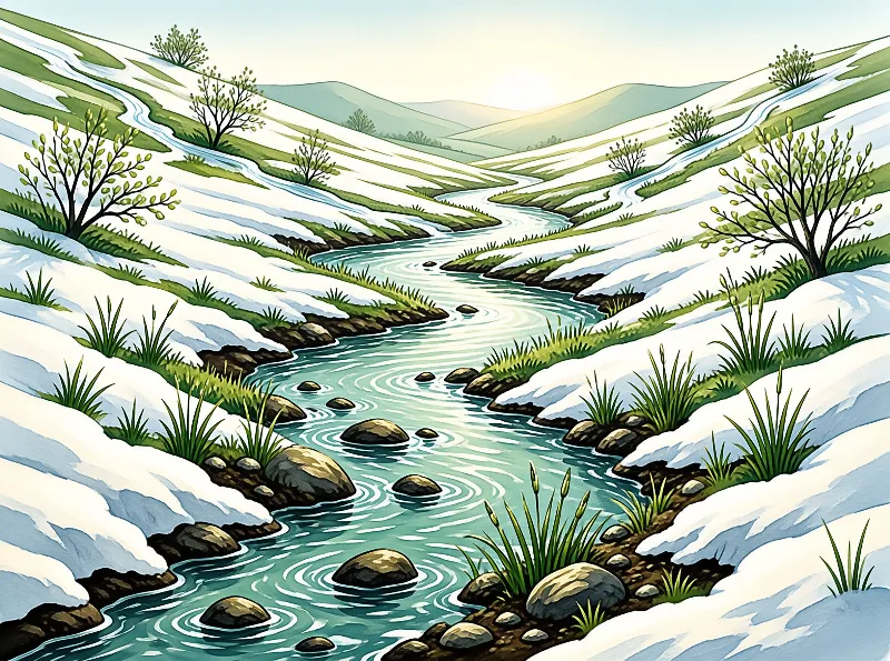 A winding river flows through a valley where snow patches rest on green hills under bright daylight.