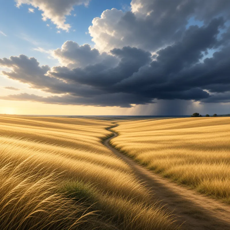 A winding dirt road cuts through a ripe wheat field while sun rays break through dark storm clouds on the horizon.