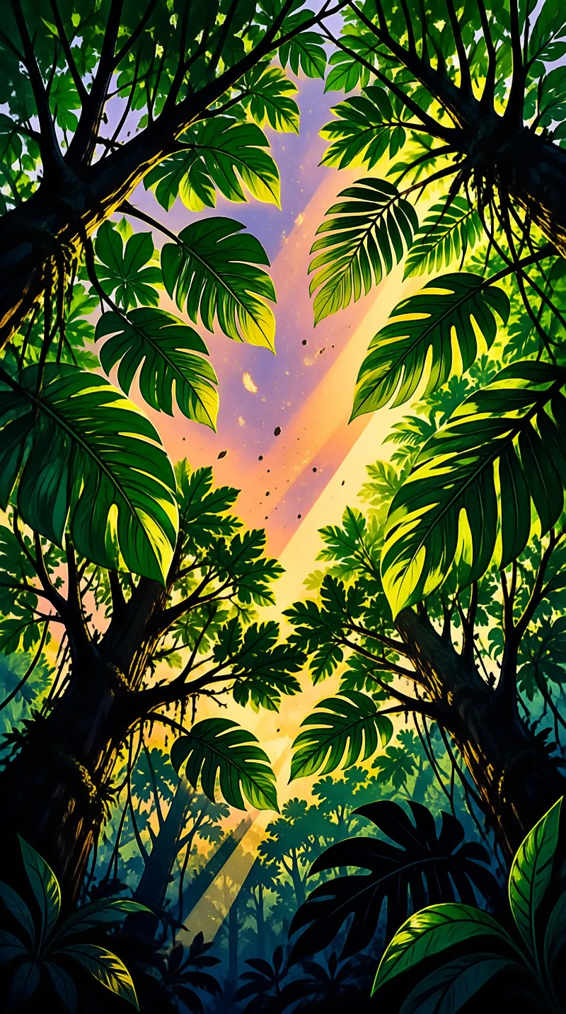 Illustration looking upward through dark trunks and bright split leaves framing shafts of gold evening light.