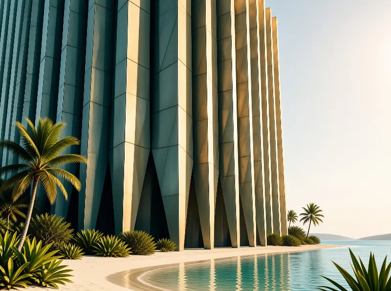 A vertical concrete structure rises beside a tranquil pool reflecting its shadow near coastal palm trees.