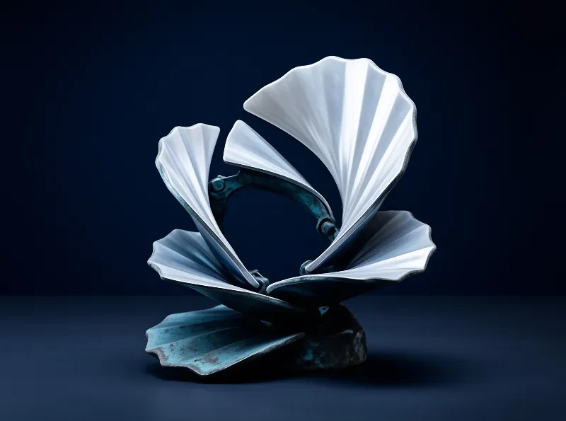 A metallic art piece shaped like overlapping fans sits centered on a dark surface under focused lighting.