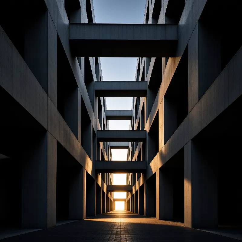 Concrete structure with geometric lines and golden sunlight flooding the distant opening.