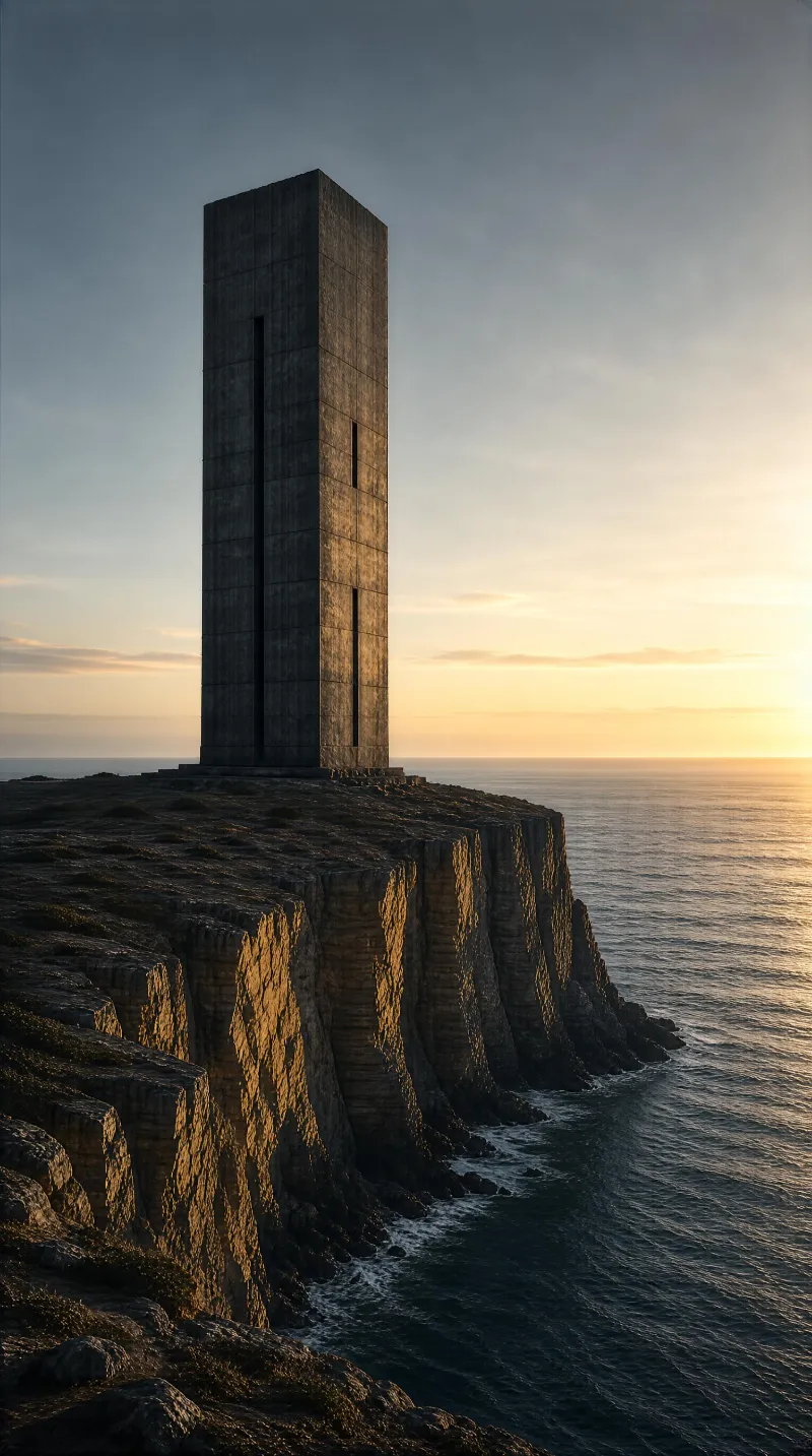 A tall concrete tower stands on a rugged coastal cliff at sunset, casting warm golden light on the structure and the rocky cliffs.