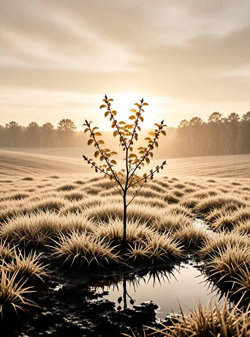 A small tree stands alone in a field of tufted grass under a soft misty sky.