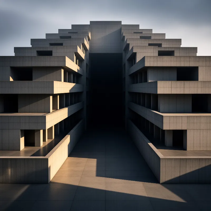 Symmetrical tiered concrete structure with a dark central passage and warm sunlight casting sharp geometric shadows.