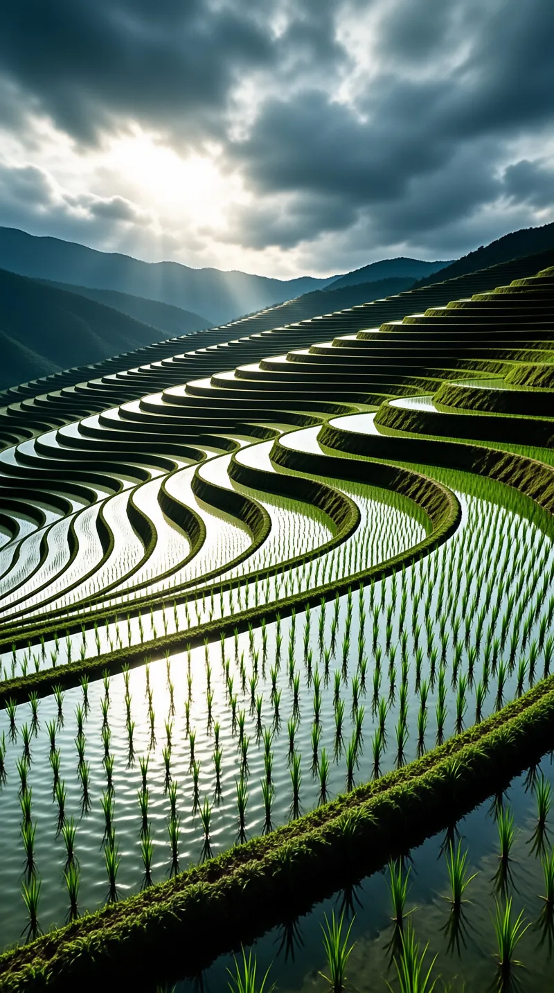 Layered agricultural terraces follow the contours of a hillside while bright sunbeams pierce through heavy clouds above.