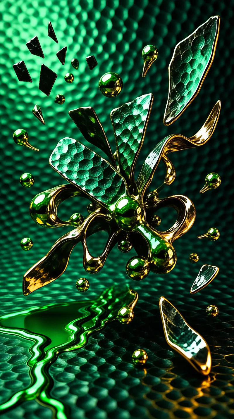 Hammered green scales and liquid gold loops explode outward over a dimpled emerald surface dotted with metal beads.