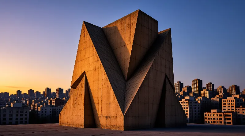 A massive angular concrete monument rises above a dense urban skyline bathed in the warm glow of sunset.