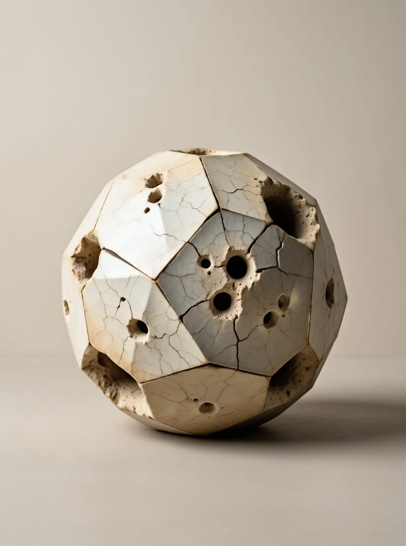 A large cut stone sphere featuring a crystalline interior with multiple holes and fractures sits on a neutral surface.
