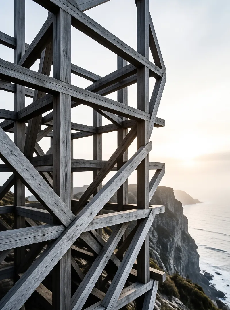A weathered angular wooden frame sits above a rocky coastal cliff in soft golden evening light overlooking the calm ocean.