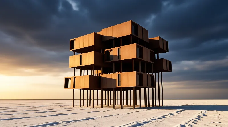 A structure of stacked angular wooden boxes stands on slender posts over a wide flat snowy plain, lit by warm golden sunset light against a dark stormy sky.