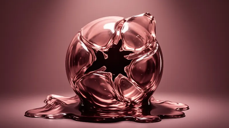 A translucent rose-colored object with a hollowed middle rests on a spreading base amid a smooth gradient backdrop.