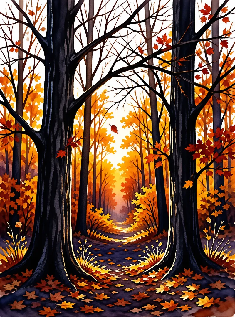 A watercolor woodland trail winds between near-black trunks glowing with orange and gold fall foliage.