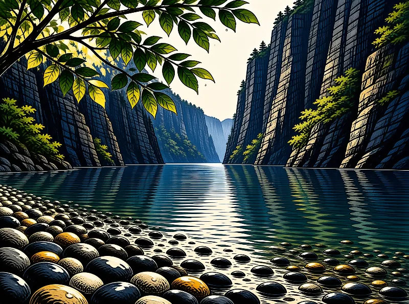 Shiny black and golden pebbles line the edge of a calm river that winds between steep forest-dotted cliffs.
