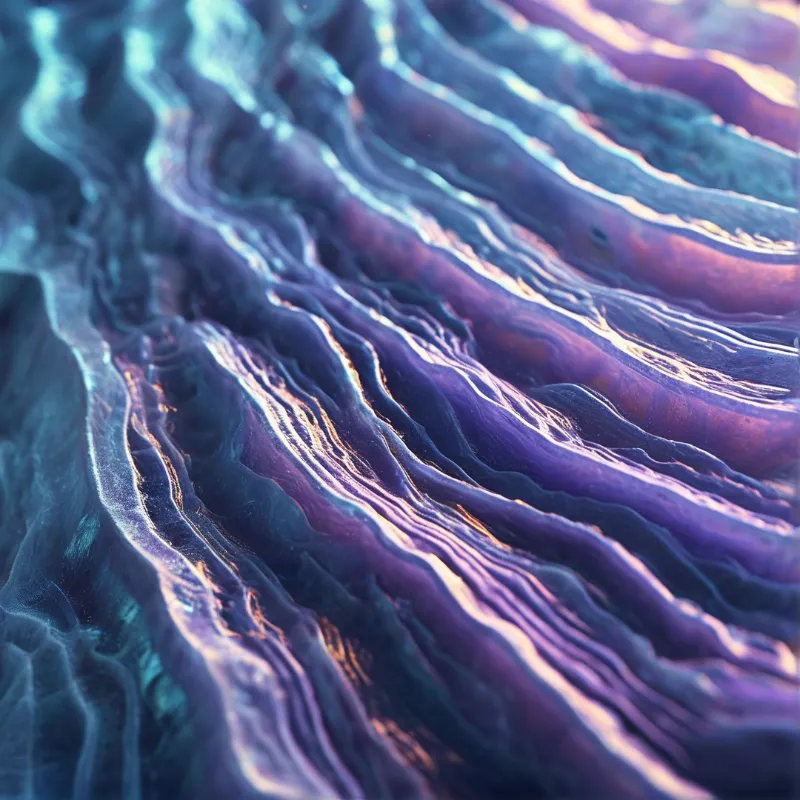 Close-up view of flowing blue and purple geological formations with sunlight catching the ridges.