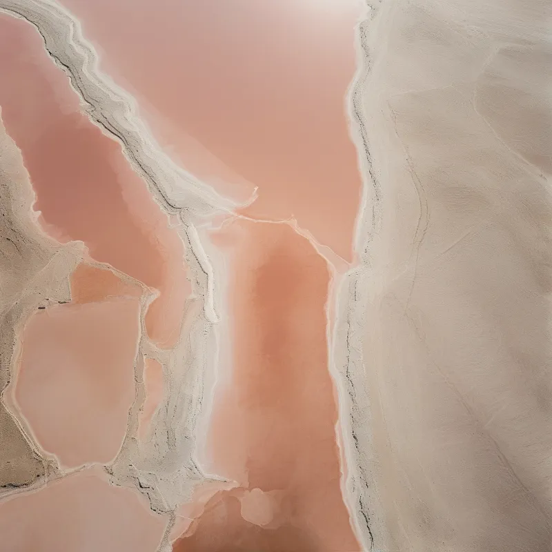 Top down perspective of arid salt flats with soft pink pools lined by pale white mineral crust over dry pale sand.