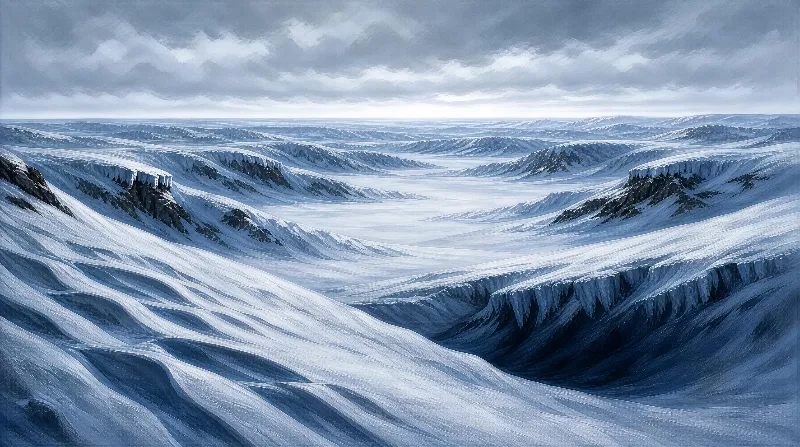 A vast snowy landscape featuring glacial valleys with ice-covered ridges under a cloudy sky