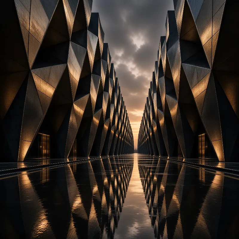 Symmetrical angular buildings line a reflective floor under a cloudy sunset sky.