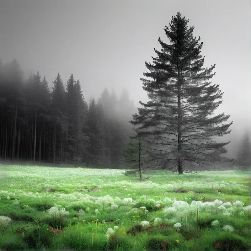 A tall conifer stands right of a green meadow dotted with white flowers while dark trees fade into grey fog.