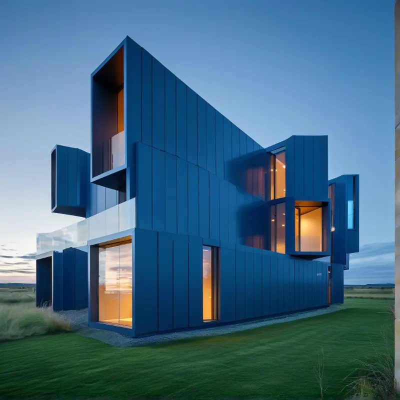 Geometric blue residence featuring cantilevered sections and glowing windows situated on a grassy field at dusk