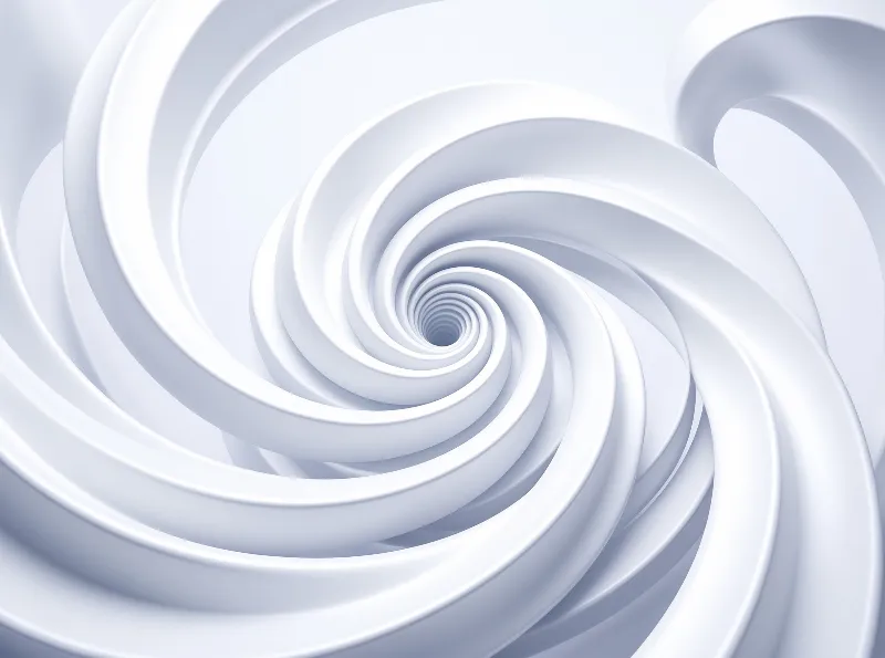 Smooth pale geometric forms twist into spirals under bright diffuse illumination creating a sense of depth and motion.