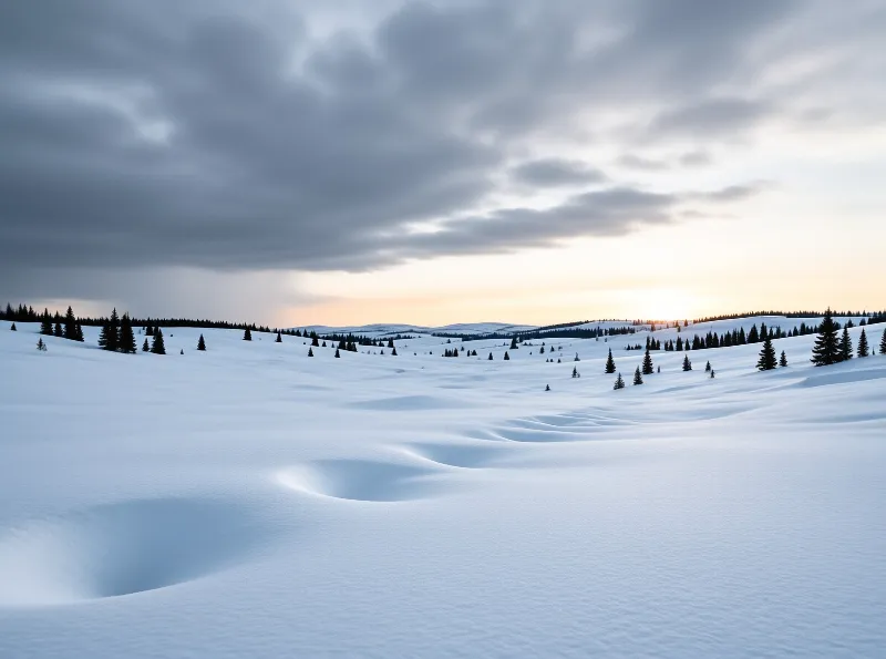 Vast snowy hills dotted with evergreens stretch towards a horizon glowing with warm sunset light beneath grey clouds.