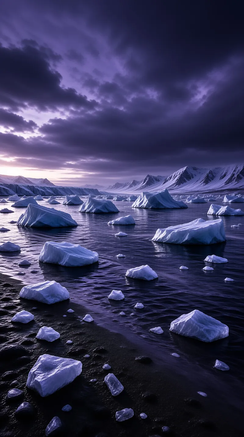 White icebergs float on dark water near a black sand shore beneath a purple sky with distant snowy mountains.