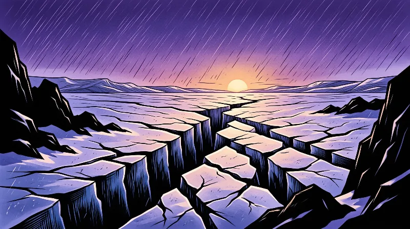 Cracked icy terrain stretches toward distant mountains under a purple sky with falling rain and a setting sun.