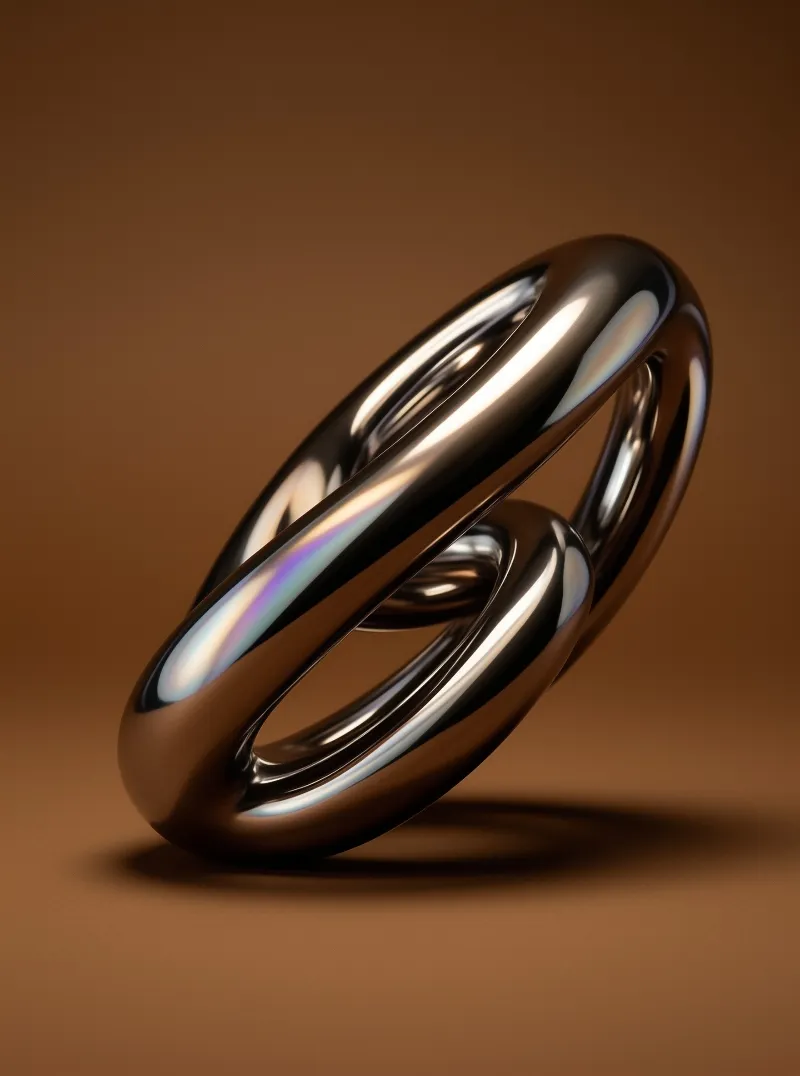 A pair of mirror finish circles interlock in soft studio light over a smooth chocolate coloured backdrop