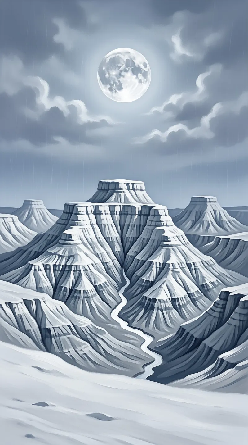 A grayscale illustration of a layered mesa with a winding river flowing down its center beneath a large full moon.