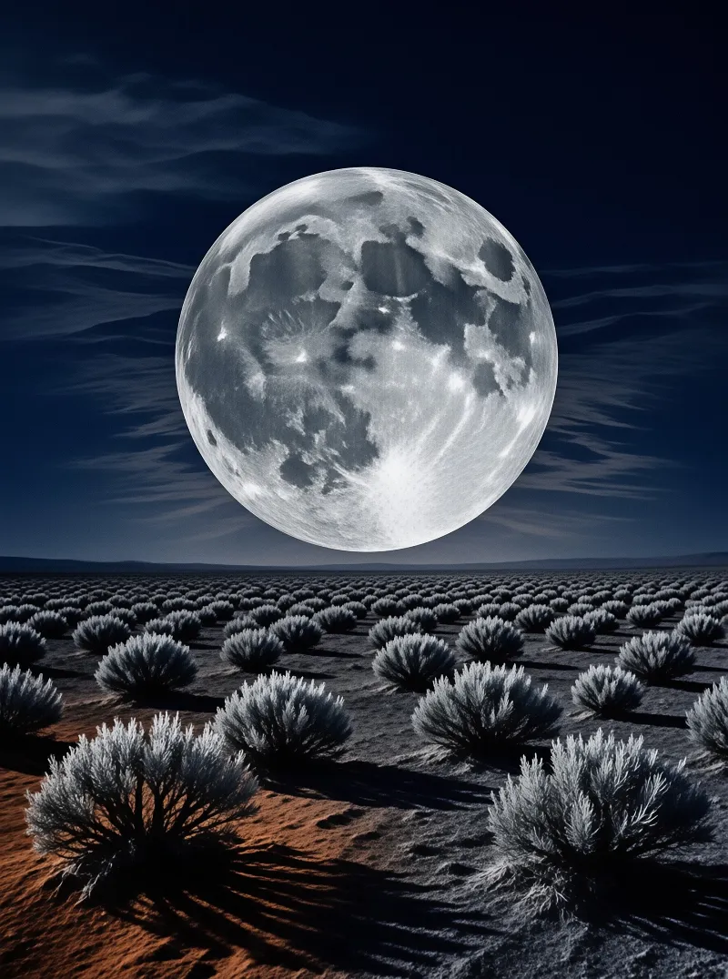 A huge bright moon illuminates a desert field of frosty bushes under a dark blue sky with wispy clouds.