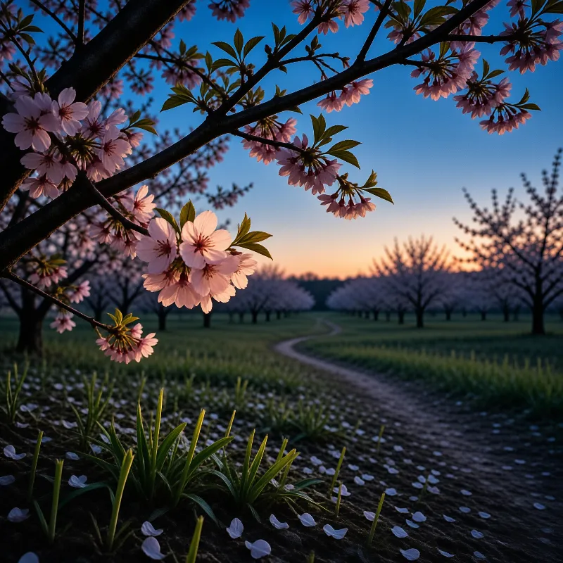 Pink cherry blossoms hang from dark branches above a winding path through an orchard under a twilight sky.