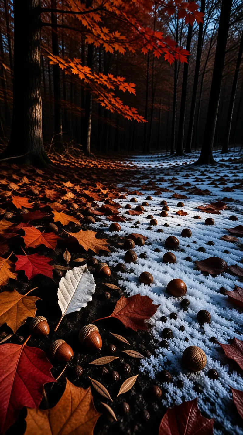 Orange maple leaves and scattered nuts cover a dark forest floor beside a patch of blue-white frost under tall trees.