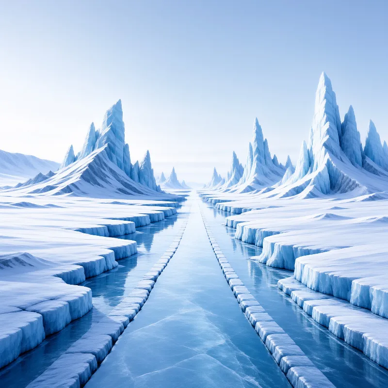 A meltwater channel cuts through pale blue ice, flanked by stepped shelves and sharp crystalline spires under a clear sky.