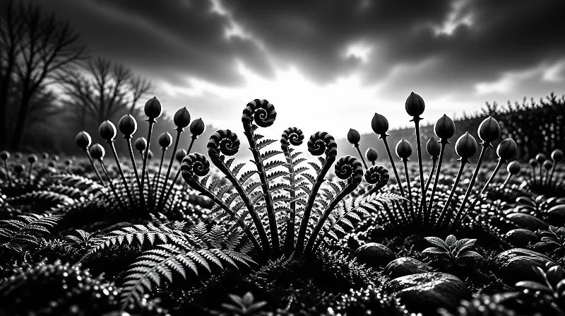 Silhouetted fern fiddleheads and tall buds rise against a dramatic cloudy sky in black and white.