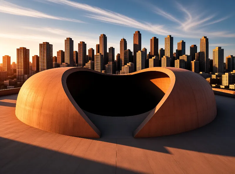 A massive organic shaped concrete sculpture sits on a plaza with a dense city skyline behind it bathed in warm sunlight