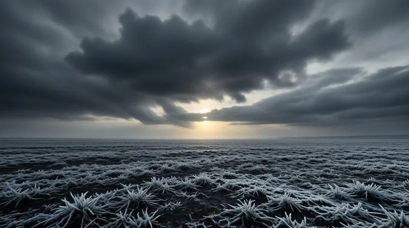 A vast expanse of textured salt plain stretching to the horizon where a bright light emerges from beneath thick grey clouds