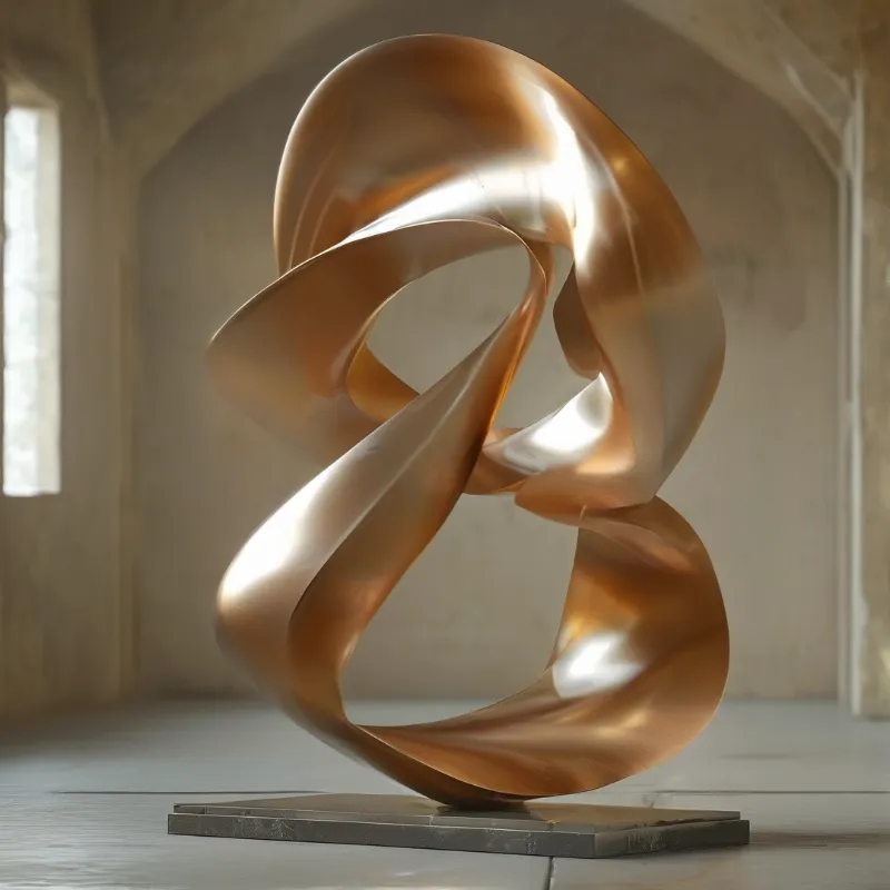 Twisting polished bronze ribbons rise from a dark pedestal inside a quiet gallery lit by a tall side window.