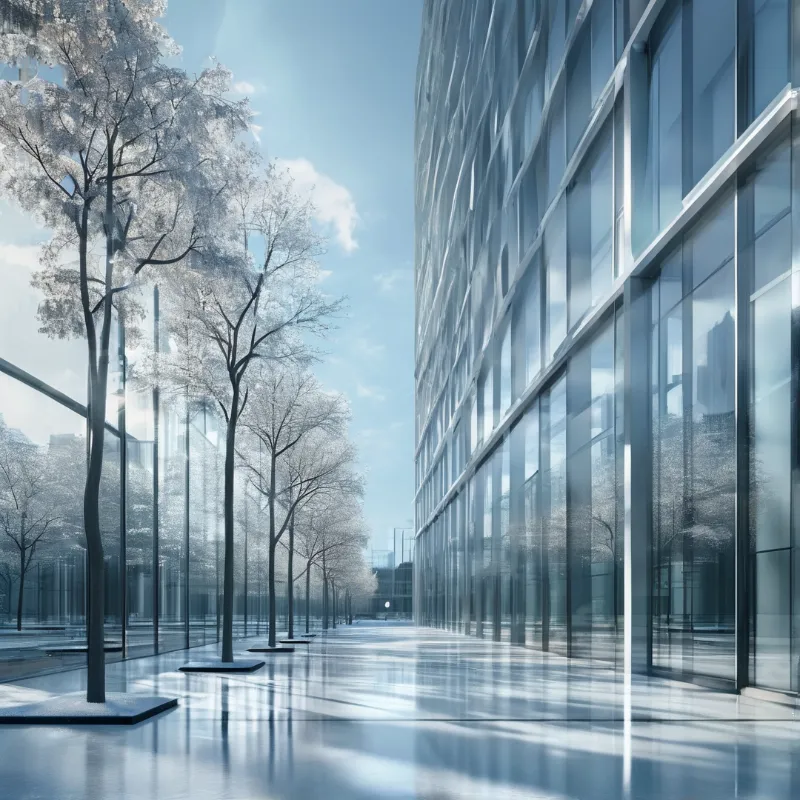 A row of leafless trees stands beside a reflective modern glass building on a sunny day.