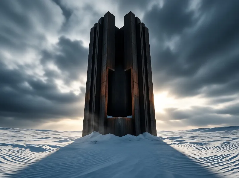 A tall dark monolithic structure stands alone in a vast snowy landscape under a dramatic cloudy sky.