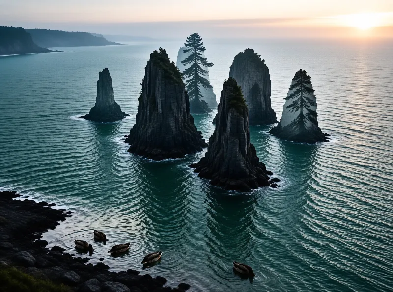 Dark sea stacks topped with pine trees rise from the water as ducks swim near a rocky shoreline at sunrise.