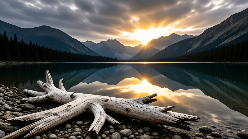 A pale sunken log rests on smooth river stones while the rising sun bursts over peaks reflected in still water.